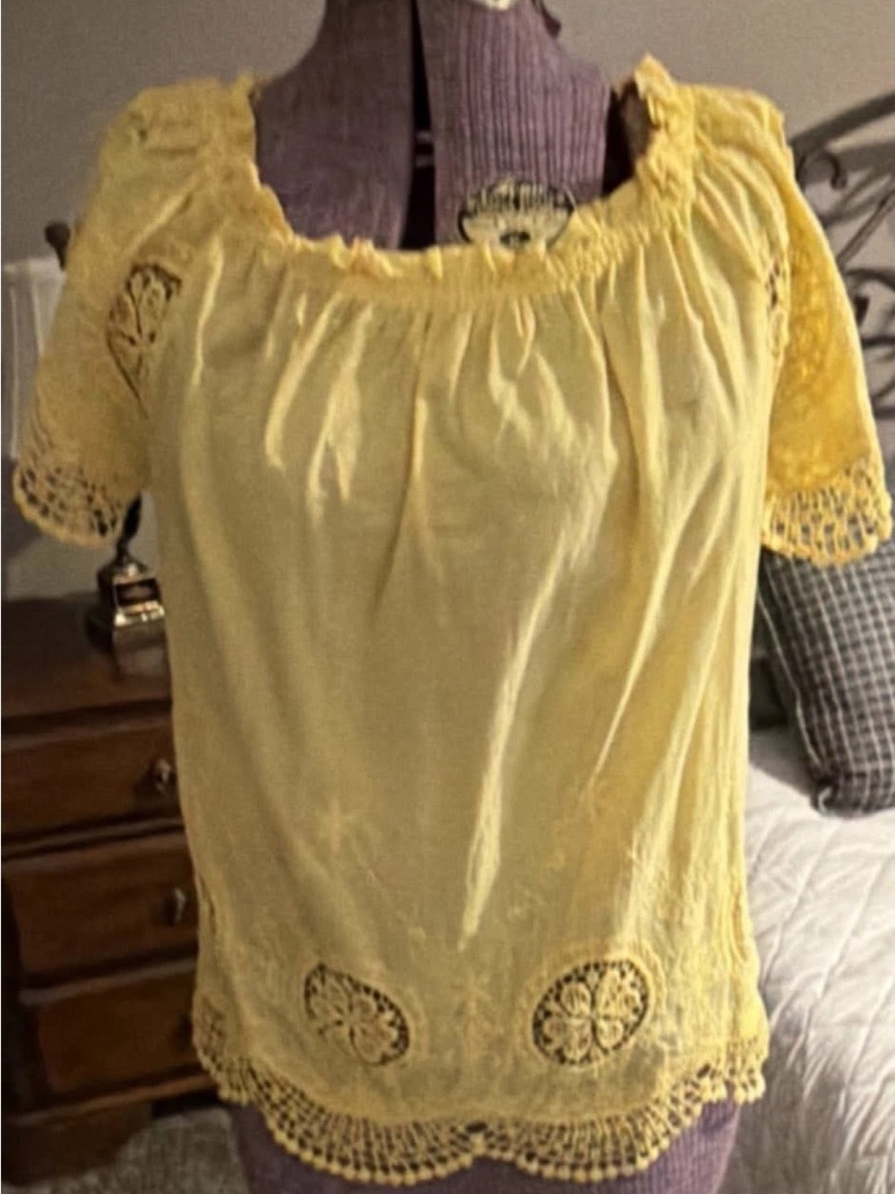 Yellow Lace Trim Women's Peasant Top